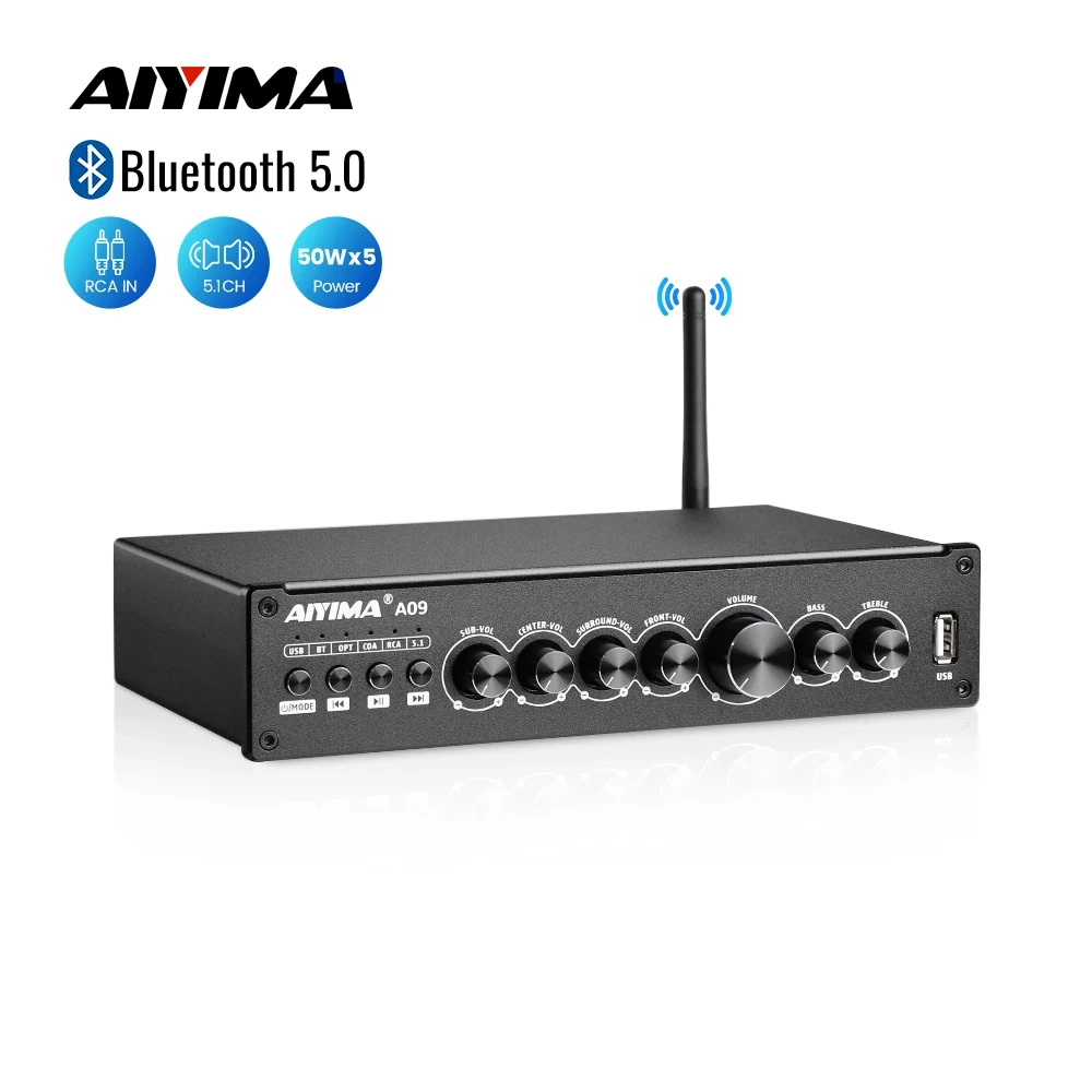 AIYIMA Upgrade A09 TPA3116 Power Amplifier HiFi Bluetooth 5.0 Subwoofer Amplifier 5.1 Surround Amplificador Home Audio Amp 50Wx6